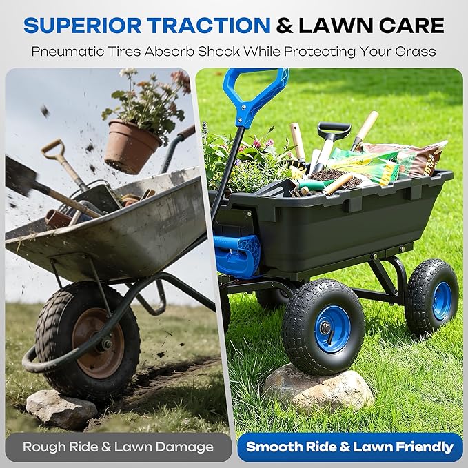 Garden Dump Cart 900Lbs, 2026 Upgraded Heavy Duty Wheelbarrow Dump Wagon with 10" Non-Slip Pneumatic Tires & Quick-Release Dumping, 4-Wheel Steel Frame Utility Carts for Yard,Farm and Garden