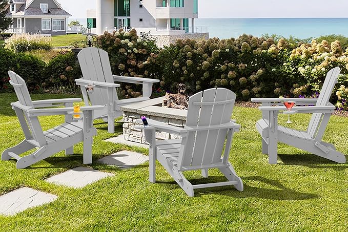 SERWALL Adirondack Chair with Cup Holders - Composite Adirondack Chairs Set of 4 HDPE Outdoor Chairs All Weather Use- Silver Gray