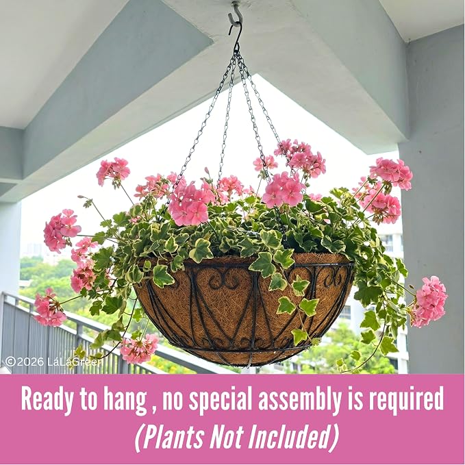 LaLaGreen Hanging Baskets for Plant Outdoor (20 Inch, 2 Pack) Large Black Metal Wire Round Flower Pot Hanging Planter with Coco Liner Holder Hanger Easy Install Modern Garden Balcony Country Decor