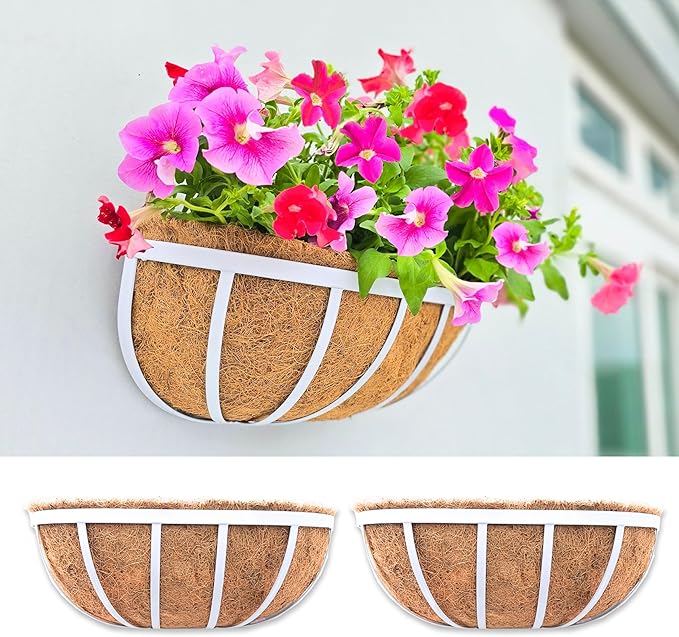 LaLaGreen Window Planter Box (16 Inch, 2 Pack) White Metal Deck Railing Flower Boxes with Coco Liners, Rectangular Wall Planters for Outdoor Plants Horse Troughs Fence Balcony Garden Herb Patio Porch