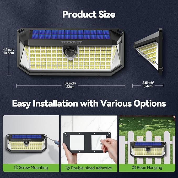 TECKNET 416 LED Solar Powered Outdoor Lights, 270° Angle & 3 Lighting Modes Motion Sensor Light Outdoor, Security Solar Lights Waterproof - 6 Pack