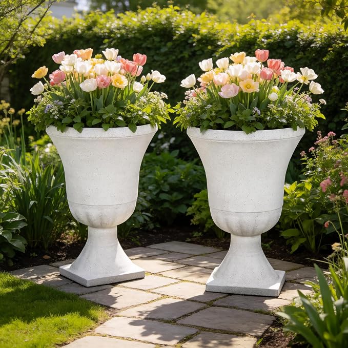 22" H Urn Tall Planters, 2-Pack Large Flower Pots for Indoor Outdoor Use, Elegant White Terrazzo Weather-Resistant Pot Containers for Garden Patio Yard Balcony Entryway or Home Décor, KD Base