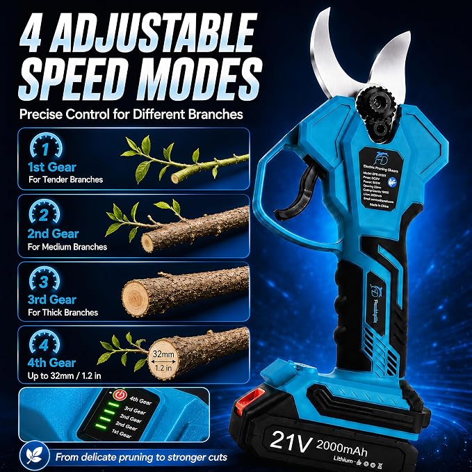 600W Electric Pruning Shears Cordless, 1.2In Brushless Battery Powered Pruner with 2 Rechargeable 2000mAh Batteries, SK5 Steel Blade Tree Branch Cutter for Garden, Orchard & Vineyard