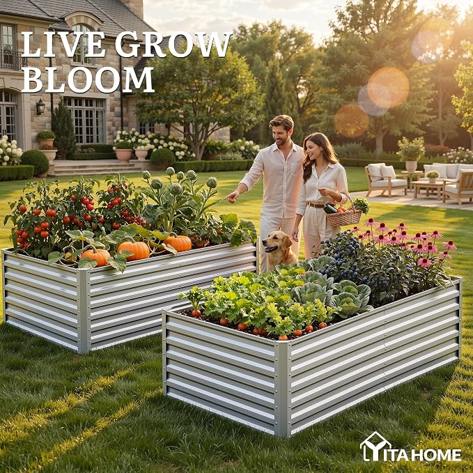 YITAHOME 2pcs 6x3x2ft Large Raised Garden Bed Kit, Galvanized Metal Planter Box with Gloves, Ground Nails, Support Rod, Outdoor Above Ground Planters for Plants Vegetables Flowers, Silver