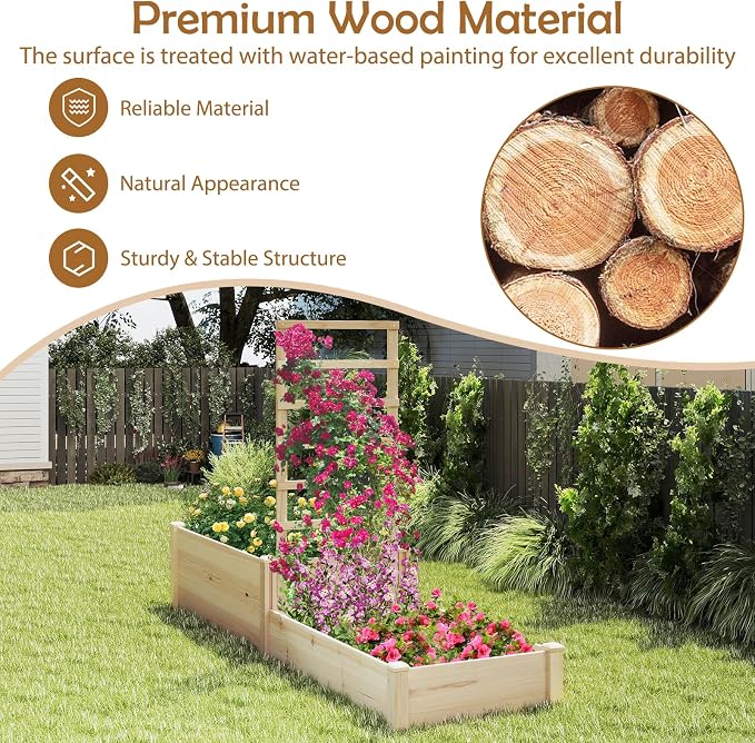 Giantex Wooden Raised Garden Bed with Trellis & 2 Planter Boxes, Raised Bed for Vegetables Flowers Vine Fruits Herbs Gardening Planting, Outdoor Garden Box for Patio Backyard Lawn