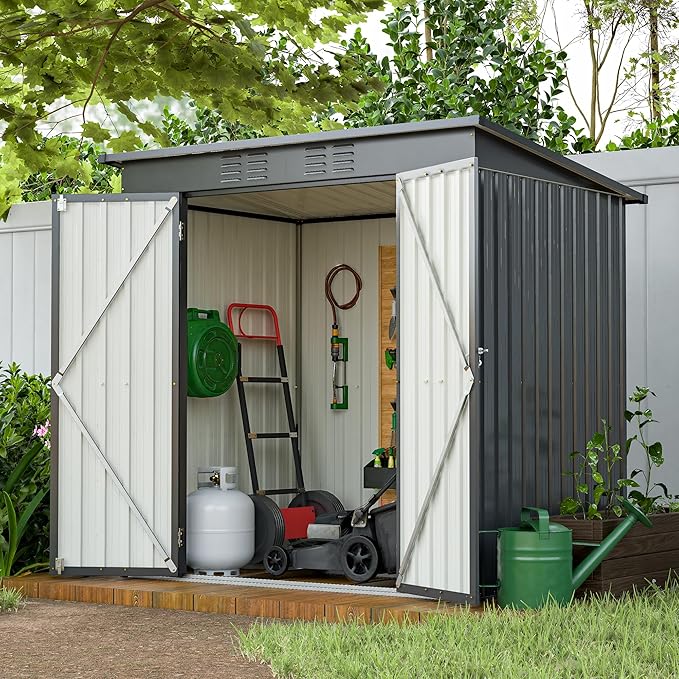 KEIKI Storage Shed 6x4 FT, Small Metal Tool Shed for Outdoor Storage, Galvanized Steel Garden Shed with Floor & Lockable Doors for Patio, Backyard, Lawn, Black