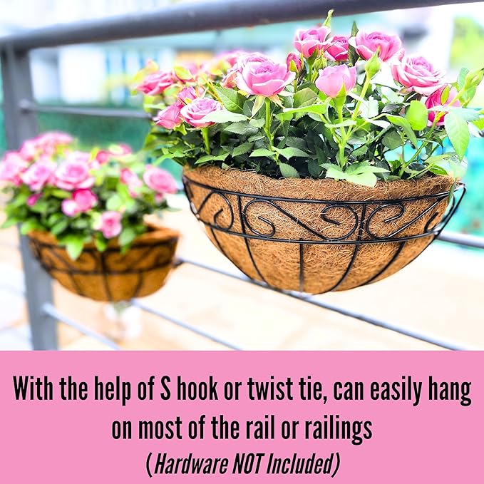 LaLaGreen Bundle- 2 Pack, 16 Inch Metal Basket with Coco Liner + 2 Pack, 16 Inch Half Round Coco Liner Insert Replacement Window Hanging Flower Pot Outdoor Plants Holder Rail Fence Balcony Porch Decor