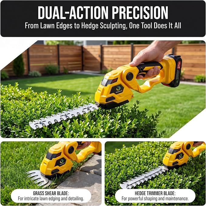 Cordless Hedge Trimmer, 2-in-1 Cordless Grass Shear & Hedge Shear/Shrub Trimmer with 8.9” Hedge Blade & 5.1”Grass Trimmer, Hedge Shear with 2 Rechargeable Batteries and Charger for Yard, Lawn