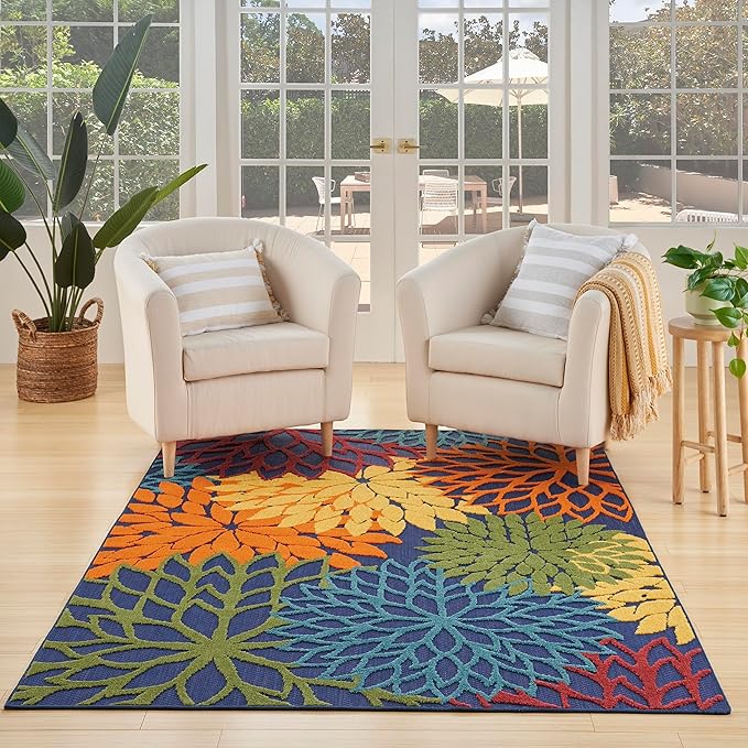 Nourison Home Aloha Indoor-Outdoor Navy Multicolor 6' x 9' Area Rug, Easy-Cleaning, Non Shedding, Bed Room, Living Room, Dining Room, Backyard, Deck, Patio (6x9)