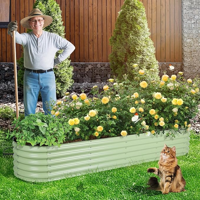 Aoodor 9-in-1 Modular Aluzinc Metal Raised Garden Bed, 89" L x 17.7" W x 17" H, Outdoor Planter Box for Vegetables, Flowers, and Herbs, Olive Green