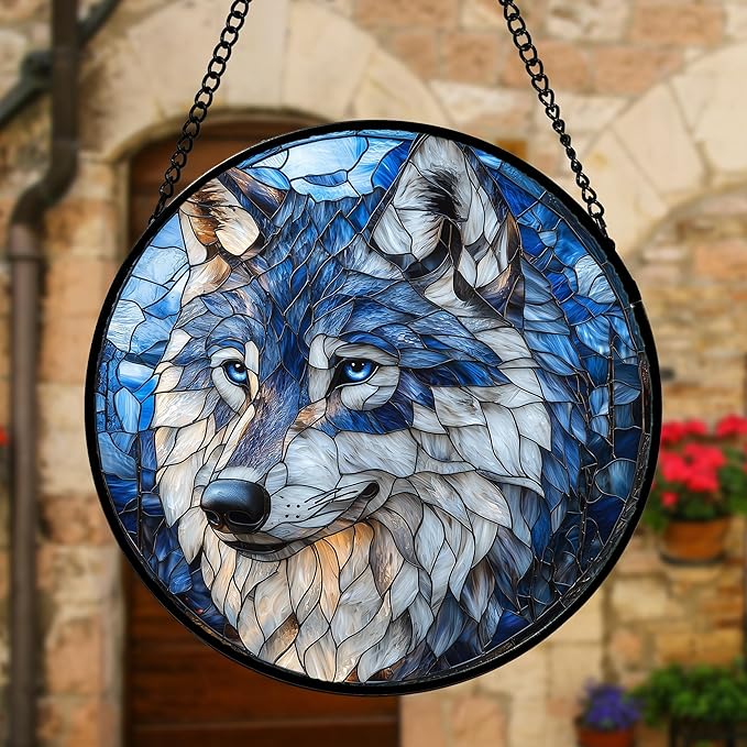 DASTOLL Stained Glass Window Hanging - Funny Wolf Suncatcher Ready to Hang Window Doors Home Decoration and Christmas, Mother's Day Birthday Gifts for Women, Men, and Mom 11.8x11.8 in