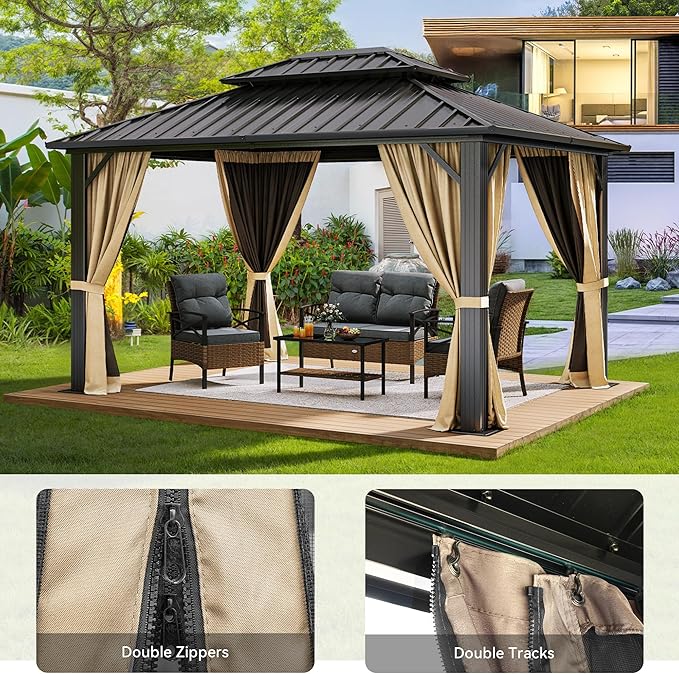 YITAHOME 10X12FT Hard Top Metal Gazebo Patios Double Roof Canopy Aluminum Frame Garden Gzebo Tent Curtains Netting for Patios Backyards Decks Lawns Brown