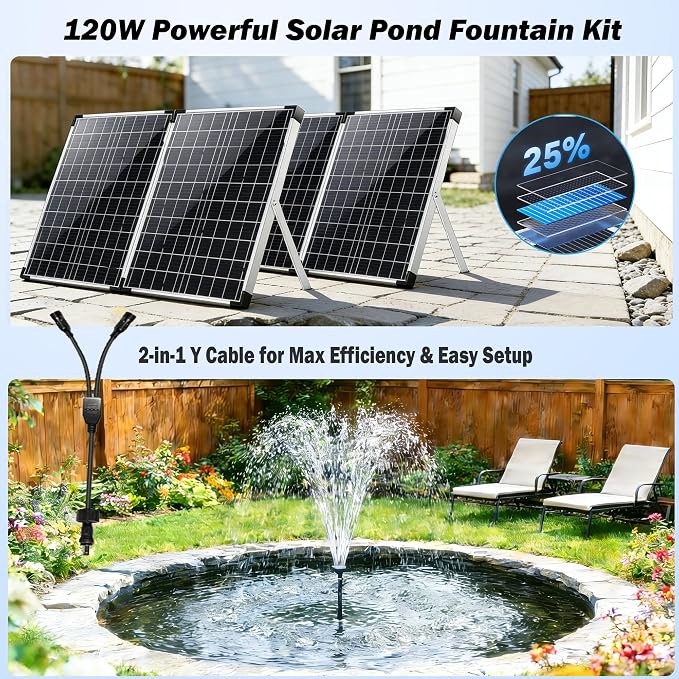 Antfraer 120W Solar Pond Pump, 1600GPH Solar Water Fountain Pump with Dual Solar Panel, 3 Spray Nozzles, Dry-Run Protection,Solar Water Pump for Large Pond, Koi Pond,Garden Waterfall Water Features