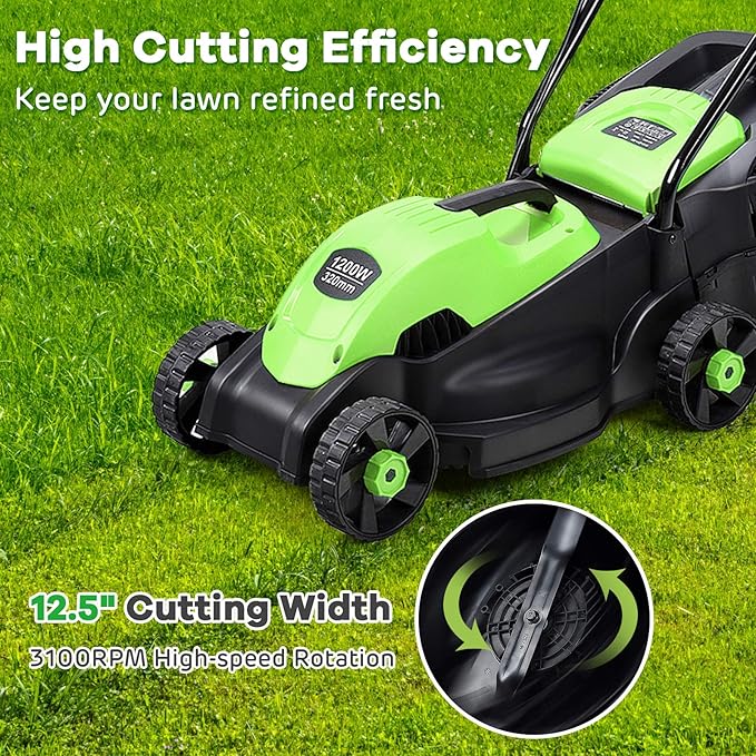 Happygrill Lawn Mower 13-Inch Electric Lawn Mower, Handle Push Corded Lawn Mowers with Grass Bag, Folding Handle, Adjustable Cutting Height for Garden Yard, 12 Amp,Green
