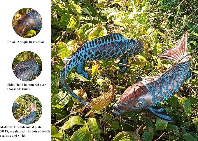 Garden Statues Koi Fish Decor for Outside,Antique Copper Garden Decor,Large Outdoor Koi Sculptures & Statues for Yard Patio Backyard Pond Decorations,Metal Fish Gifts for Mom Grandma,Set of 2