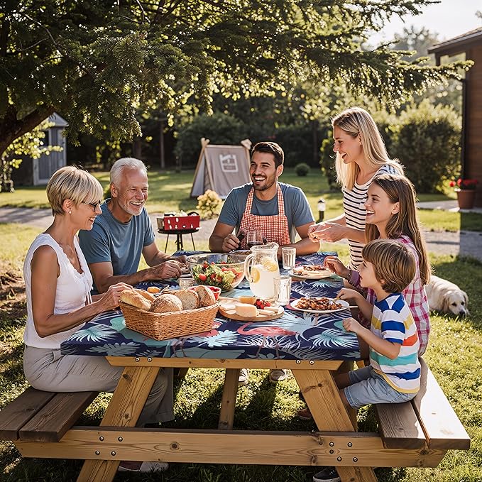 Fitted Waterproof Picnic Table Cover with Bench Covers Heavy Duty Elastic Outdoor Camping Tablecloth for 8 Foot Rectangle Tables Summer Rv Accessories Patio Garden Road Trip Essentials Gifts