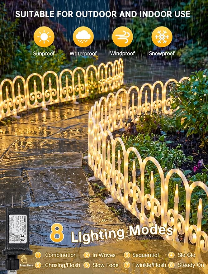Hopolon 8 Pack Ornate Arch Fence Lights, 11.1in (H) X 9.1ft (L) Solar Powered Warm White Outdoor Garden Border Lights, Small Decorative Fence Barrier for Flower Bed Pathway Yard Lawn Patio Pet