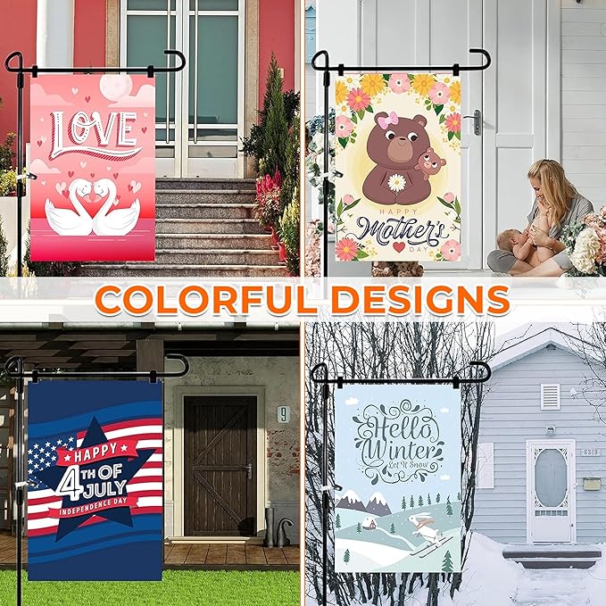 Double Sided Seasonal Garden Flags Set of 12-12x18 inch Yard Flags for Outside with Stand & Holder | Weather Resistant Thick Linen Outdoor Lawn flag, Holiday House Flags for Spring, Summer & Winter