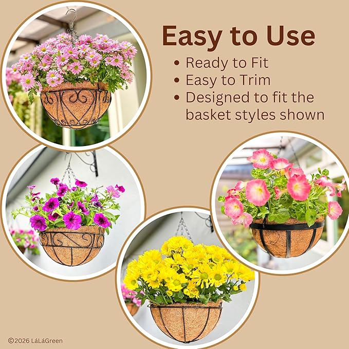 LaLaGreen 10'' (10 Pack, Round) Coconut Liners for Hanging Basket – Bulk Small Coco Coir Fiber Replacement for Pot, Garden Holder, Outdoor Planter – Multi Sizes 10/12/14/16/18/20’’ & Different Shapes