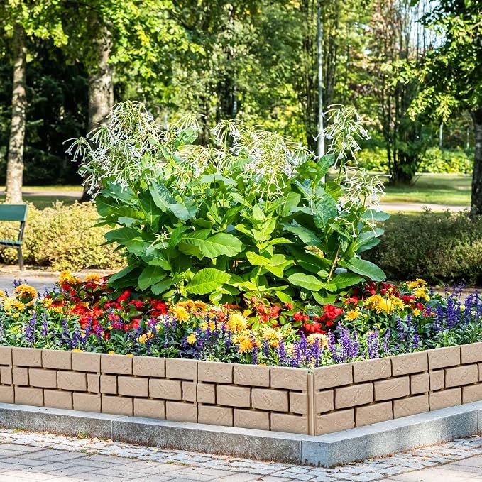 Landical 16 Pcs Imitation Stone Garden Fence, Faux Stone Retaining Wall Look Garden Bricks Border with Ground Stakes, 17.3 x 12.6 in Gray Plastic Edging Blocks for Flower Beds, Lawn, Mulch (Yellow)
