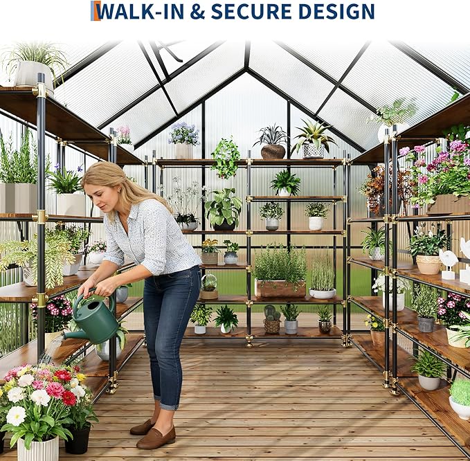 6x6FT Greenhouse for Outdoors, Walk-in Polycarbonate Greenhouse with Sliding Door, Adjustable Roof Vent & Gutter System, Portable Outdoor Green House Kit for Winter Gardening