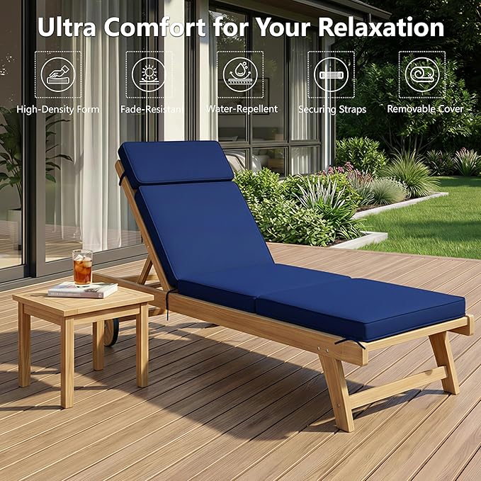 80 x 26 Inch Outdoor Chaise Lounge Cushion - Removable Cover, 4-Section Design, Water-Repellent & Fade-Resistant, 6 Tie Straps, Replacement for Patio & Pool Chairs - Navy