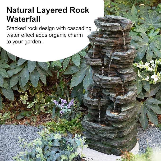 Glitzhome Outdoor Water Fountain, 9-Tiered Rock Floor Fountain with Cascading Water, 39.25" H Polyresin Waterfall Fountain with Pump and LED Light Outdoor Water Feature for Garden Yard Patio Porch