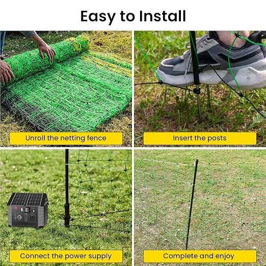 Electric Fence Netting, 164'L x 42.5" H Movable Livestock Nets for Sheep, Hogs, Cattle, PE Net Fencing Kit with 14 Posts Double Spiked, Electric Fencing for Backyards, Homesteaders, Farms Ranches