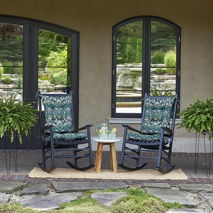 Arden Plush Indoor/Outdoor Rocking Chair Cushion Set, 18 x 20, Water Repellent, Fade Resistant, Tufted Cushion for Rocking Chairs Sapphire Aurora Blue Damask