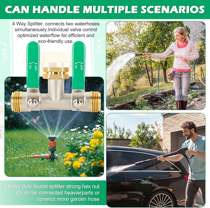 Love Is War 2 Way Garden Hose Splitter, 3/4" GHT Thread Brass Faucet Splitter with Long Easy-Turn Handles, Outdoor Water Connector for Lawn Irrigation