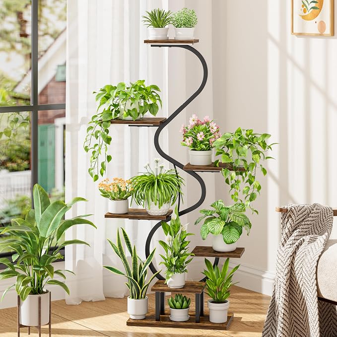 CODACE Plant Stand Indoor with Grow Lights - Tall Corner Plant Shelf, 7 Tiered Plant Stands for Indoor Plants, Metal Flower Plant Rack, Curved-Shaped Inoor Plant Holder for Living Room, Patio（Black