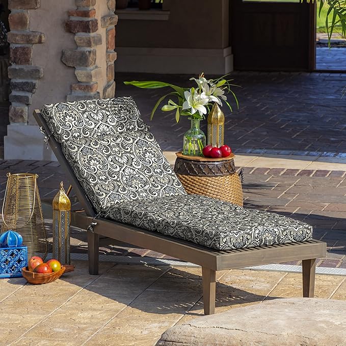 Arden Outdoor Chaise Cushion, 21 in x 72 in, Weather-Proof, Rain-Proof, Fade Resistant Patio Cushion for Chaise Lounger Black Aurora Damask