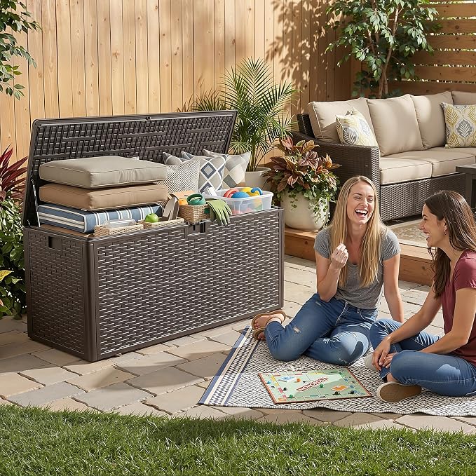 150 Gallon Deck Box, Double Layer Waterproof Resin, Lockable & UV Resistant Storage Box for Patio, Garden, Pool, Brown
