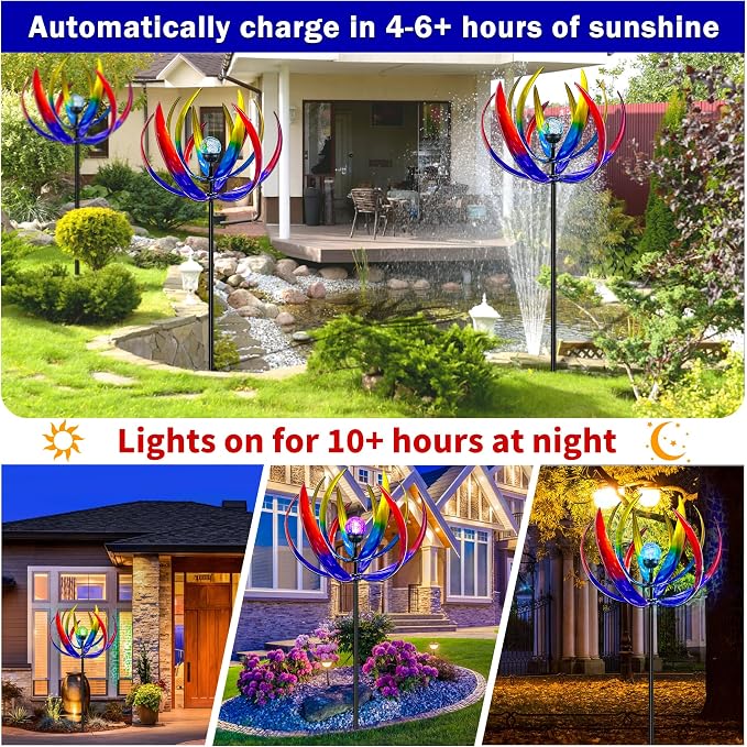 Wind Spinners Outdoor for Yard and Garden - Wind Sculptures & Spinners - 70 Inch Wind Spinner with Solar Powered Multi-Color Glass Ball Light for Yard Garden Backyard Lawn Decorations-Multicolored