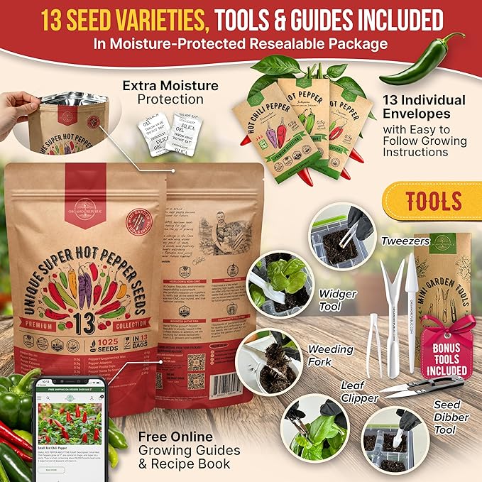 Organo Republic 13 Unique Super Hot Pepper Seeds Variety Pack - 1,020+ Non-GMO Heirloom Pepper Seeds for Outdoor and Indoor Home Gardening, Including Pepper Caloro, Firecracker, Habanero, Fresno Chili