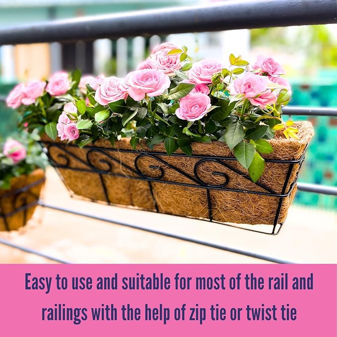 LaLaGreen Wall Mounted Planters - 16 Inch, 4 Pack Window Flower Boxes Basket Outdoor, Balcony Planter Over the Rail, Deck Railing Hanging with Coco Liners, Metal Horse Troughs Fence Patio Porch