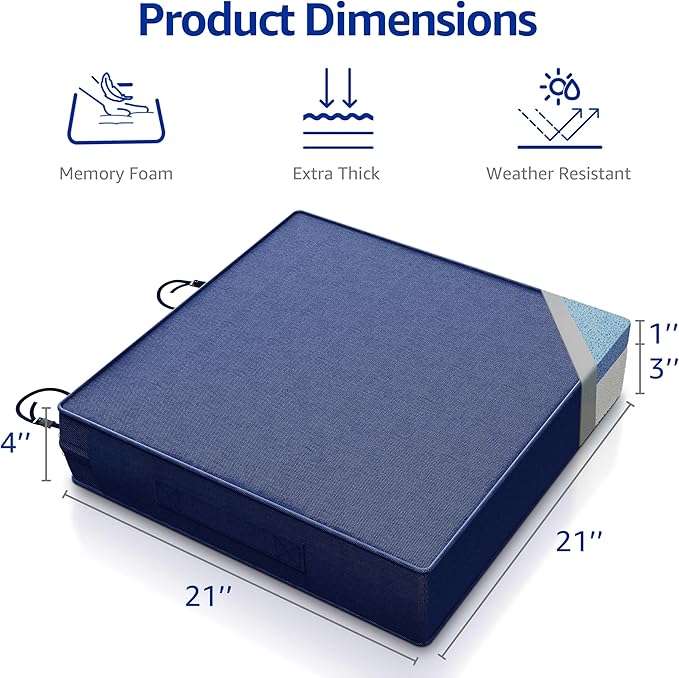 YENING 21x21 Memory Foam Outdoor Chair Cushions Waterproof 4 Inch Extra Thick Patio Seat Pads for Furniture Navy Blue Set of 2