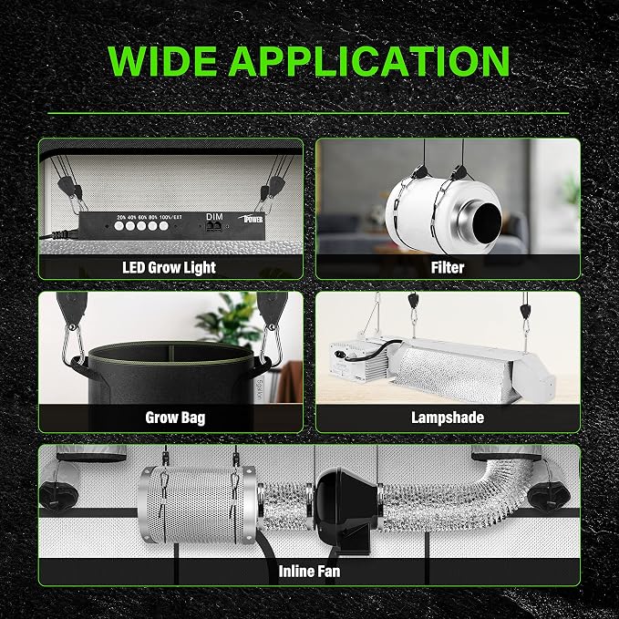 YSSOA 6 Pairs 1/8 inch Grow Light Hangers Adjustable Heavy Duty Rope Hanger for Grow Light Fixtures & Garden, 8 Feet Long & 150lbs Weight Capacity, Black