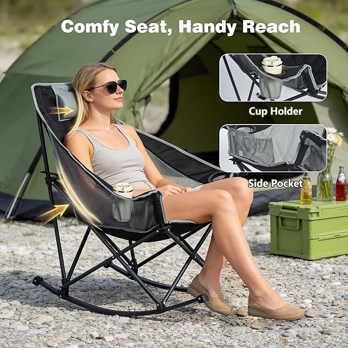 SUNNYFEEL Oversized Rocking Camping Chair, Fully Padded Patio Chair with Side Pocket, High Back Portable Lawn Recliner with Headrest, Outdoor Camp Rocker Chairs for Adults Heavy Duty 500 LBS Carry Bag
