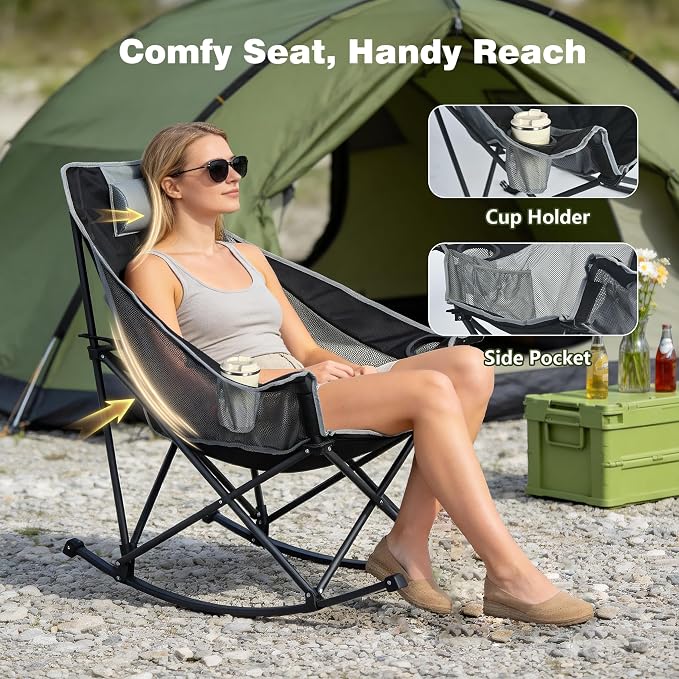 SUNNYFEEL Rocking Camping Chair 2 Pack, Outdoor Oversized Folding Lawn Chair with Pocket, Heavy Duty for Outdoor/Picnic/Lounge/Patio, Portable Camp Rocker Chairs with Carry Bag