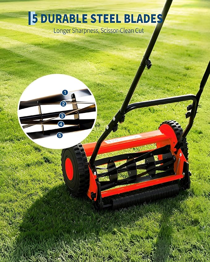GarveeLife 5-Blade Push Reel Lawn Mower, 16-Inch Manual Push Grass Cutter, Adjustable Cutting Height, Lightweight & Easy Assembly for Small/Medium Yards, Compact Storage, Quiet Eco-Friendly