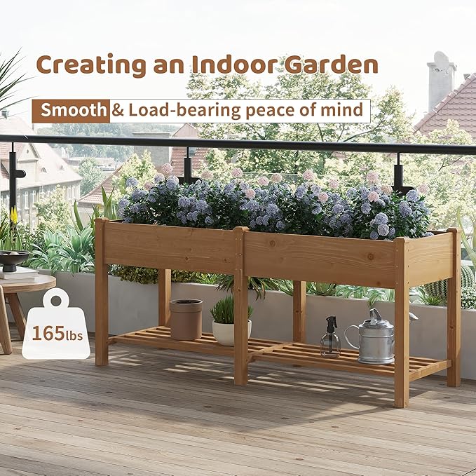 Raised Garden Bed with Legs Elevated Wooden Planter Box Stand Large Planter Stand Box for Fruits Vegetables Flowers with Divider with Bag- 72 * 24 * 30.5IN（Brown）