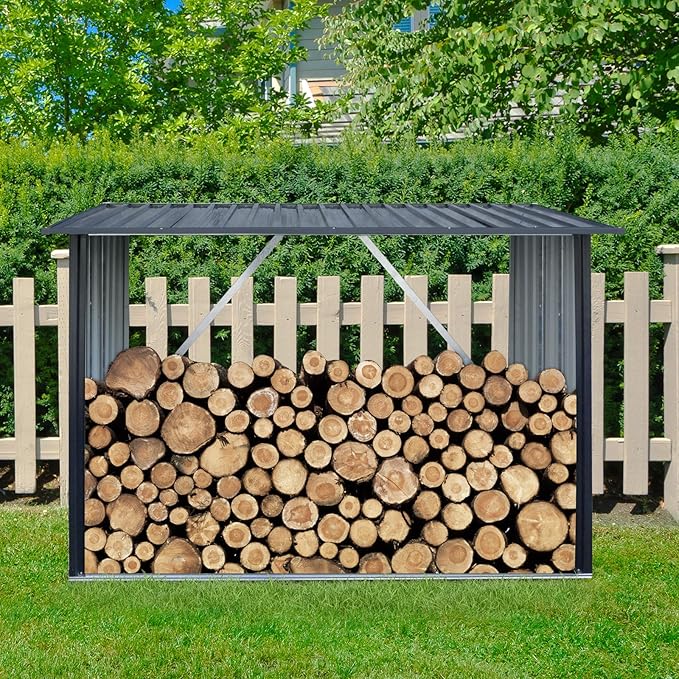 Ball & Cast 85.5" Outdoor Steel Firewood Rack Metal Storage Shed with Middle Stiffener and Reinforced Base,Multi-Functional Waterproof Cabinet W/Roof,for Equipment Machines,Black