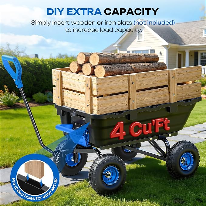 900LB Garden Dump Cart, 2026 Upgraded Heavy Duty Wheelbarrow Cart with 10" Non-Slip Pneumatic Tires & Quick-Release System, 4-Wheel Steel Frame Wagon for Transportation in Yard, Farm, Garden