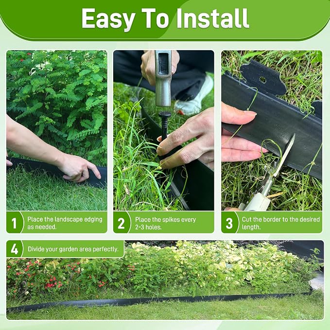Quibbay 3.15" x 100' Landscape Edging, Flexible Garden Edging Borders with 150 Anchoring Spikes, Plastic Lawn Edging for Landscaping Garden Flower Beds Grass Yard Paver Pathway, Black