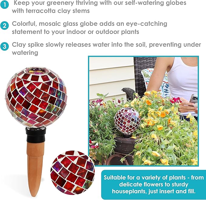 Sunnydaze Mosaic Glass Plant Watering Globe with Clay Spike - Decorative Self-Watering Planter Insert - Water Dripper for Plants - 9.5" - Magenta Medley -24-Pack