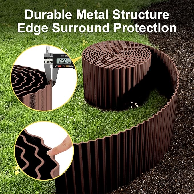 Land Guard Corrugated Garden Edging Border, 12" x 50' Landscape Paver Edging, Tall Landscape Edging, Fence for Garden, Flower Bed, Lawn and Landscape Edging (Brown)