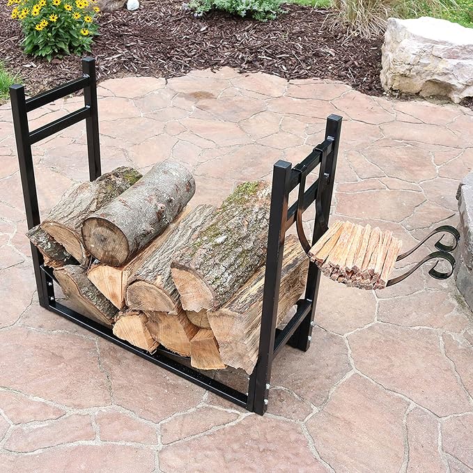 Sunnydaze 33" Indoor Firewood Rack with Kindling Log Holder - Heavy-Duty Outdoor Wood Storage for the Fire Pit or Fireplace - Black