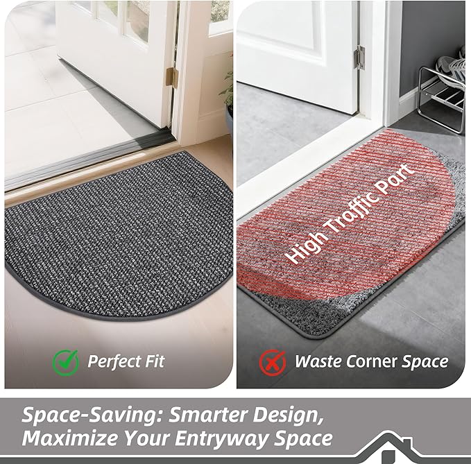 BEQHAUSE Dirt Trapper Door Mat 24" x 36" Half Circle Non-Slip Washable Doormats Entrance Rugs Absorbent Welcome Low Profile Floor Mats for Front Back Door and Entryway, Charcoal