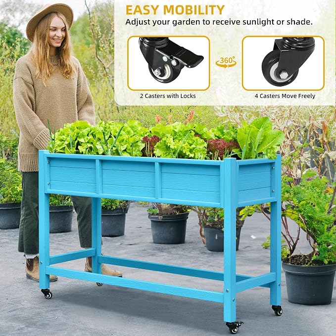 DWVO Raised Garden Bed HDPE with Wheels 47x18x31in Weather-Resistant Poly Wood Raised Planter Box Outdoor with Legs, Elevated Garden Bed for Patio Balcony Backyard, Blue